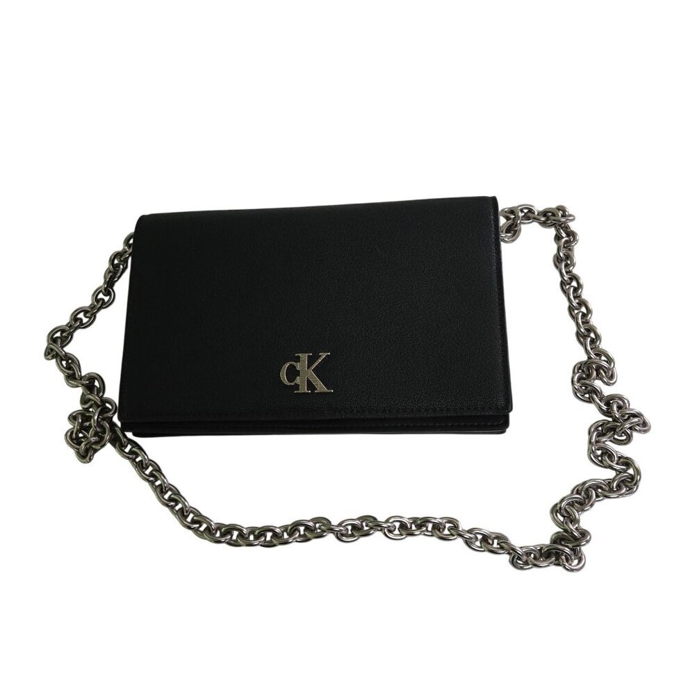 Calvin Klein Minimal Monogram Chain Strap Wallet Black Silver Chain Designer